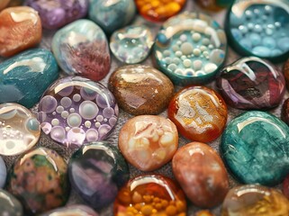 Poster -   A macro shot of assorted stones with varying hues and shapes in the foreground