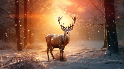 Wall Mural - eindeer in the snowy forest with Christmas light at sunset.