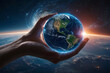 Planet earth in the hands, cosmos on background. Save, protect the planet, environmental care, green energy, sustainable, renewable resources, recycling, earth day.