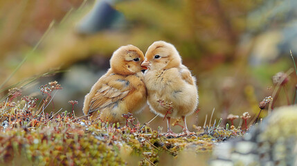 Sticker -   A pair of small birds perched on a field of green and red mossy grass and vegetation