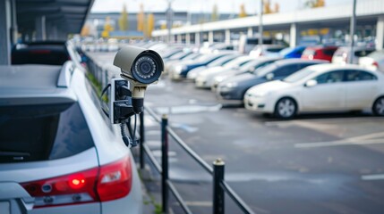 A security camera installed in a parking lot, providing surveillance to prevent vandalism and ensure vehicle safety.