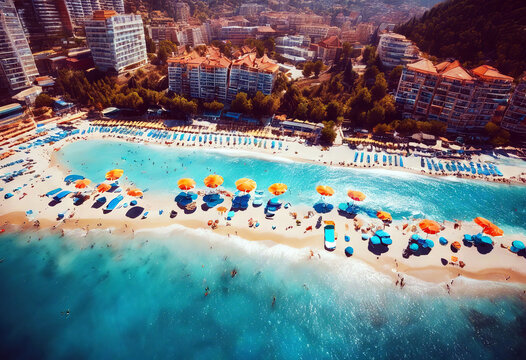 'Alanya view ships rows umbrellas resort water chaise sea beach Turkey paradise Mediterranean sand palms blue gold sun aerial lounges Top colorful azure Water Sky Beach Summer Travel Nature Landscape'