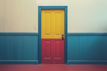 Wall Mural - A door painted a bright color in a dull hallway, symbolizing the opportunity and optimism leadership brings 