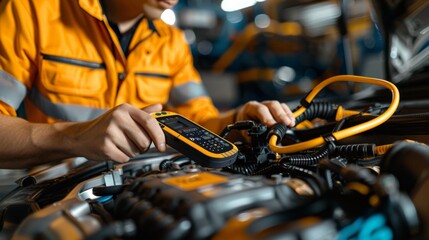 A technician using a diagnostic scanner to troubleshoot and diagnose engine or electrical issues in a car, ensuring accurate repairs and maintenance.