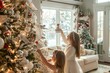 Girl and children decorate Christmas tree at home with daughter