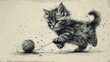   A black-and-white sketch of a feline frolicking with a knotted ball of thread and an untangled one nearby