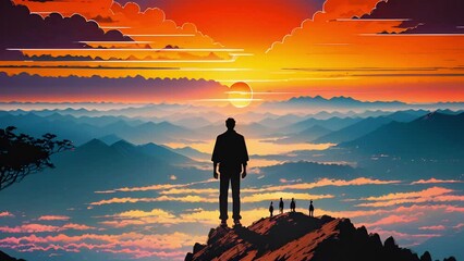 Wall Mural - Silhouette of a man standing on the top of a hill against the backdrop of the sunset sky and clouds, hiking, concept of overcoming obstacles.