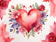 Valentine's day greeting card with watercolor heart and flowers