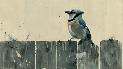 Wall Mural -   A painting of a blue jay perched on a wooden fence, gazing beyond its crest