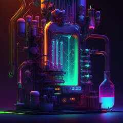 a graphics futuristic laboratory with neon colored chemicals and machinery, n abstract neon design of a glowing, set against a dark, abstract background