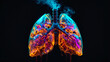 illustration of bright neon cybernetic human lungs with intricate networks of vessels in the bronchi