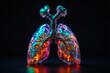 illustration of bright neon cybernetic human lungs with intricate networks of vessels in the bronchi