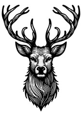 Wall Mural - Stag deer with horns Antlers and Foliage sketch engraving generative ai fictional character PNG illustration. Scratch board imitation. Black and white image.