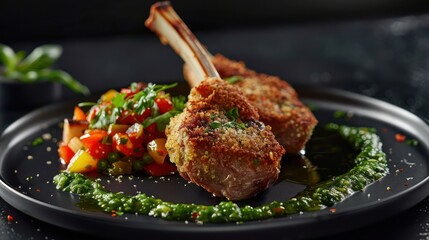 Two golden crispy lamb chops served with a vibrant green herb sauce and colorful chopped vegetables, cooked to perfection