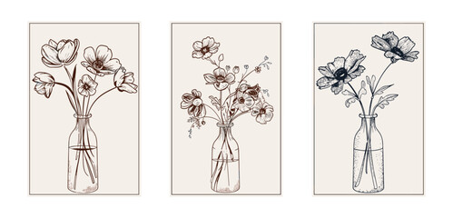 Hand drawn Vector illustration of Outline floral poster set. Flower bouquet in a glass vase or jar, Elegant one line style, design elements. Poster, print, card, decoration templates.