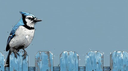 Sticker -   A blue-and-white bird sits atop a wooden fence beside a blue-and-white fence, with a blue sky as its backdrop