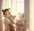 A beautiful kawaii girl hugs a toy teddy bear. A smile happy child girl embrace a teddy bear. Ai generative..