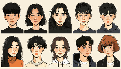 Hand drawn trendy Vector illustration of Portraits of Teenage boys and girls. Cartoon comic asian style. Young people look at the camera. Cute characters. Social network avatar templates. 