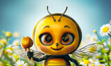 Fototapeta  - Happy Bee with Honey Lollipop against a backdrop of daisies. May 20, World bee day concept