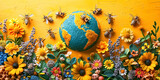 Fototapeta  - Bees around a floral globe, symbolizing global biodiversity and the essential role of pollinators in our ecosystem. May 20, World bee day concept