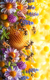 Fototapeta  - May 20, World bee day. A lively swarm of bees is illustrated in a sea of vibrant flowers and honeycomb, celebrating the beauty and importance of pollination