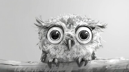 Sticker -  Black-and-white Owl Drawing - depicts an owl sitting on a branch with another branch in front of it, showcasing large eyes