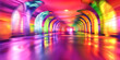 Neon Glow Curved Corridor. Abstract colorful tunnel with neon lights,blurred background