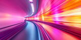 Fototapeta  - Abstract perspective of a tunnel with vibrant pink and yellow light trails creating a sense of high speed, blurred background