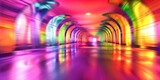 Fototapeta  - Neon Glow Curved Corridor. Abstract colorful tunnel with neon lights,blurred background