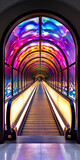 Fototapeta  - escalator travels through a vividly lit tunnel, its colors painting a journey through a futuristic and mesmerizing light spectrum