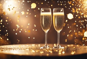 'confetti golden Glass champagne glitter table background. blurred text Space alcohol background black bokeh card celebration champaign cheer christmas colours copy dark decor decorate'