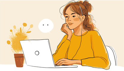 Cartoon style character. Hand drawn Vector illustration of a young happy lady sitting at table, using laptop, having a video call, receiving message. Working online, remote work, internet browsing 