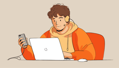 Cartoon style character young person sitting at table, using laptop, looking at smartphone, receiving message, working online, freelancing, internet browsing concept, Technology, digital nomad.