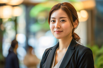 A Japanese woman with a charming smile, dressed in a formal business suit, is working in an office in Tokyo. Diligent Japanese worker, women's social advancement and career development concept