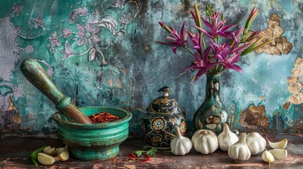 Canvas Print - A vibrant Thai kitchen scene with garlic bulbs and mortar, essential ingredients for creating authentic Thai flavors.
