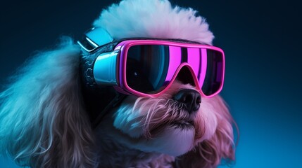 petfluencer character Maltese Poodle dog in VR goggles illuminated with pink light against neon blue background.