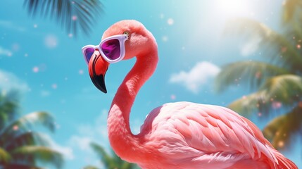 Wall Mural - Pink flamingo wearing summer sunglasses. Summer background.