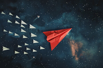 Wall Mural - A sleek red paper plane with a shadow resembling a rocket, propelling ahead of white planes against a starry night sky 