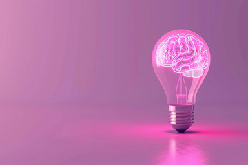 Wall Mural - A sleek, 3D light bulb with neon brain circuits, floating on a pastel lavender background, embodying advanced thinking 