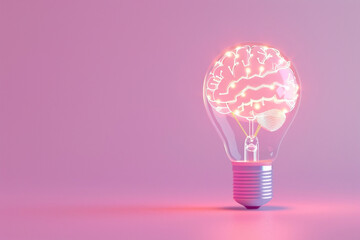 Wall Mural - A sleek, 3D light bulb with neon brain circuits, floating on a pastel lavender background, embodying advanced thinking 