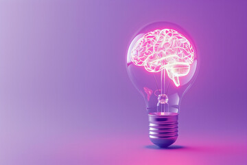 Wall Mural - A sleek, 3D light bulb with neon brain circuits, floating on a pastel lavender background, embodying advanced thinking 