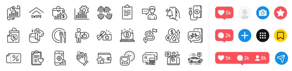 Patient history, Journey and Car parking line icons pack. Social media icons. Seo phone, Report document, Phone charging web icon. Loyalty gift, Fuel price, Sale bags pictogram. Vector