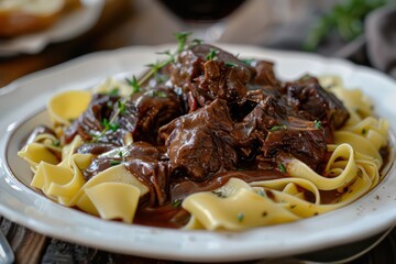Wall Mural - beef cheeks with sauce on a plate of pappardelle pasta in a realistic background