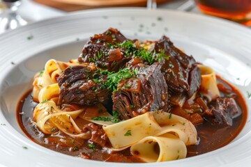 Wall Mural - beef cheeks with sauce on a plate of pappardelle pasta in a realistic background