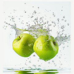 Wall Mural - green apples splashing in the water with bubbles and drops, realistic and professional
