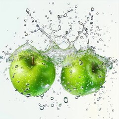 Wall Mural - green apples splashing in the water with bubbles and drops, realistic and professional