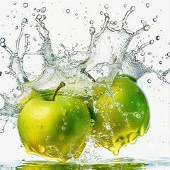 Wall Mural - green apples splashing in the water with bubbles and drops, realistic and professional