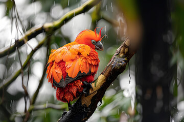 Wall Mural - an amazing colorful bird is sitting on a tree and washing his body. wonderful red and orange birds i
