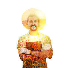 Poster - Double exposure of farmer and wheat field on white background