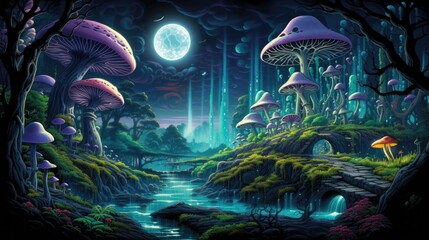 Wall Mural - A picture psychedelic journey through a mystical forest, filled with vibrant colors, glowing mushrooms, and ethereal creatures